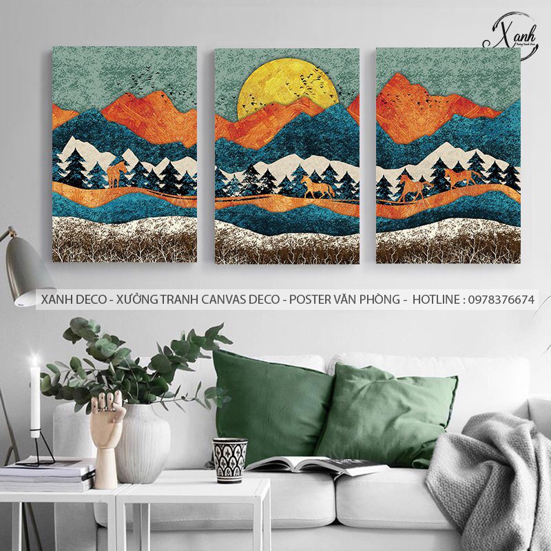 Bộ 3 tranh Phong Cảnh Núi Rừng phong cách Thổ Cẩm dân gian