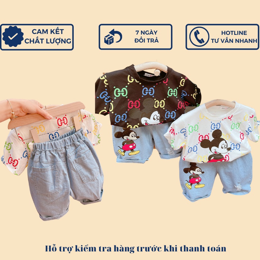 BỘ QUẦN ÁO CỘC TAY COTTON PHỐI QUẦN BÒ NGỐ CHO BÉ GÁI IN HÌNH MICKEY SIZE 7-19KG [CT57]