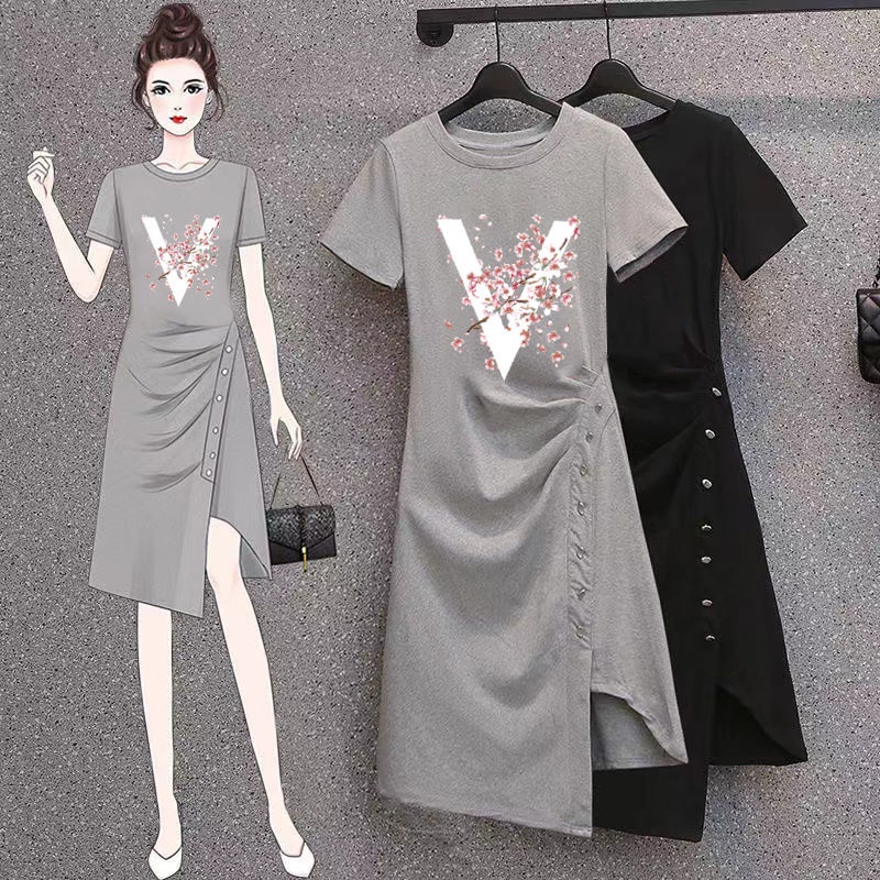 Đầm Thun Cotton Tay Ngắn Dáng Rộng Thiết Kế Xẻ Tà Thời Trang Mùa Hè Cho Nữ