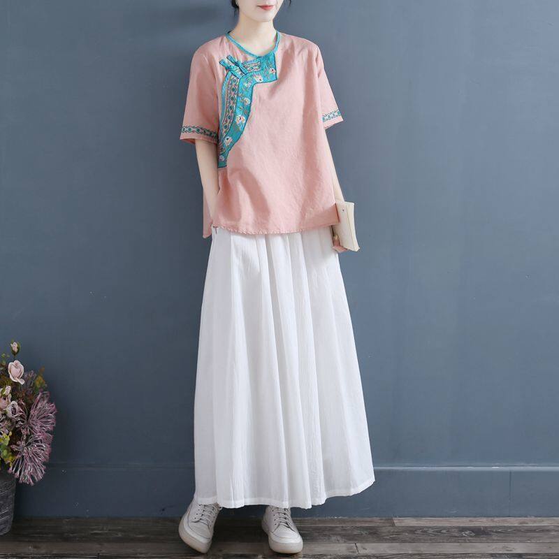 Áo Sơ Mi Cotton Lanh Tay Ngắn Dáng Rộng Cài Nút Thêu Hình Đĩa Trà Trung Hoa Thời Trang Mùa Hè Hàng Mới Dành Cho Bạn Nữ 2022
