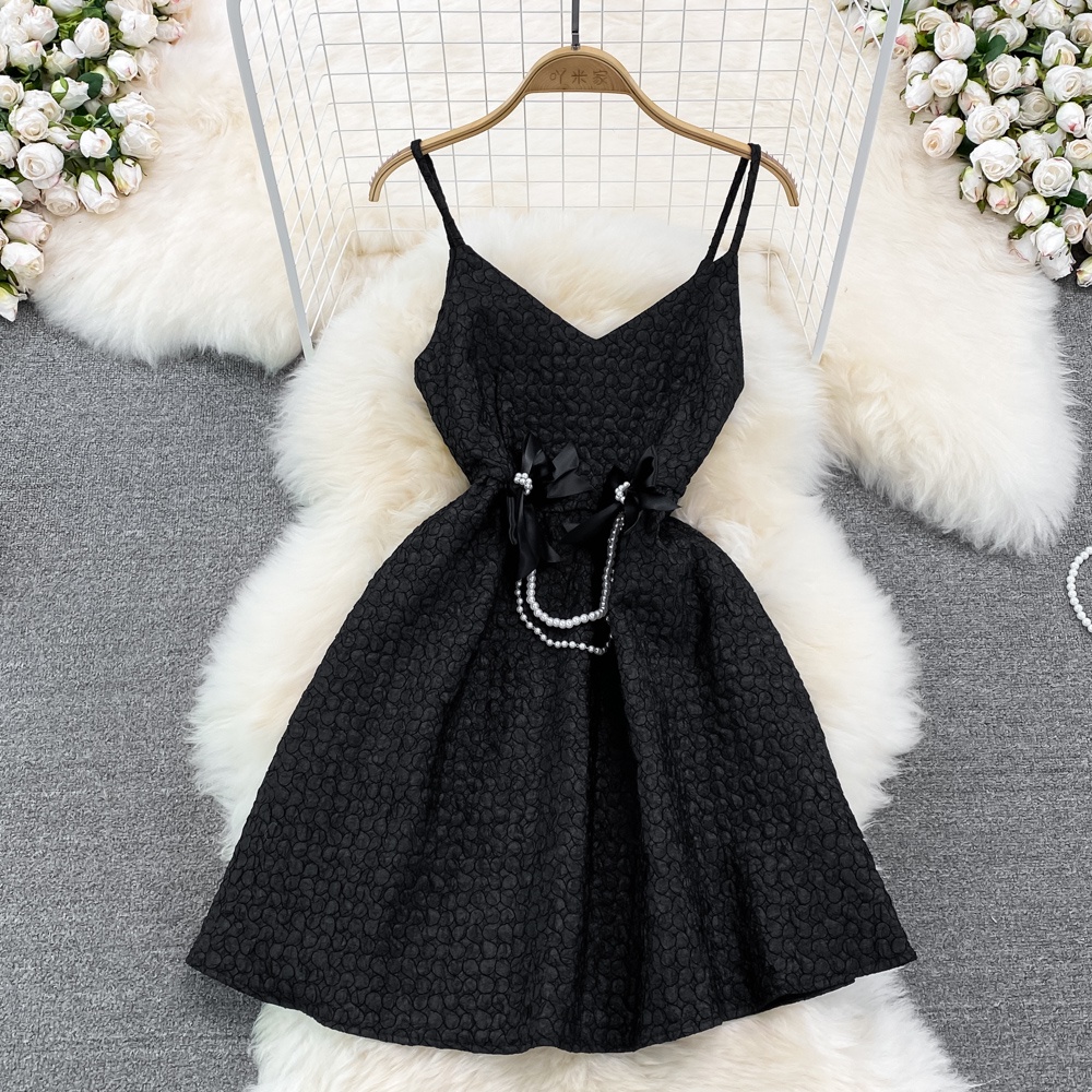 🌸Hàng Order🌸 Váy Đầm 2 Dây In Nổi Phối Nơ Dây Ngọc Dáng Xòe Sang Chảnh Nữ Tính🌸Hàng Quảng Châu