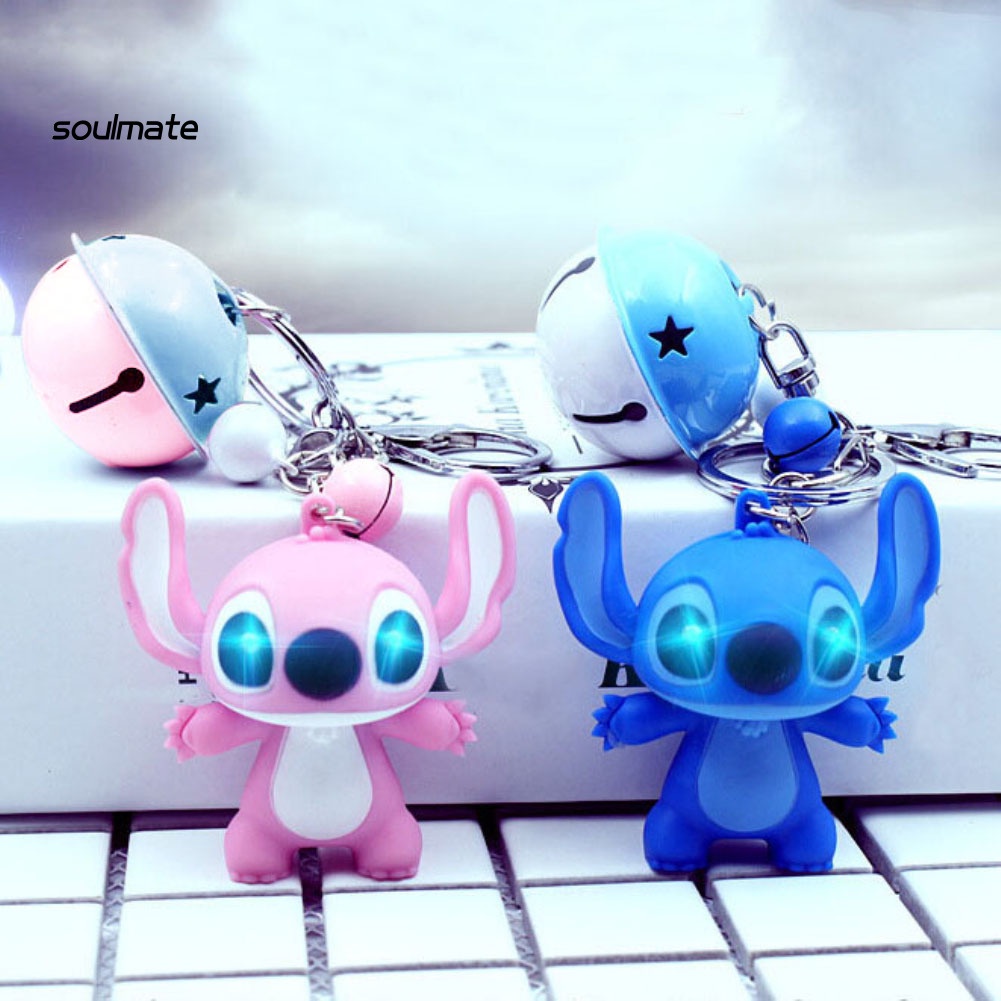 SOU 1Pc Cute Cartoon Stitch LED Light Up Bells Pendant Sound Keychain Keyring Decor