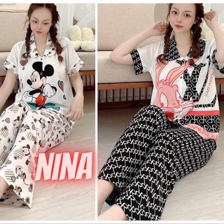 Đồ bộ ngủ nữ mặc nhà thời trang pijama cao cấp chất liệu lụa mango cộc dài cổ sen