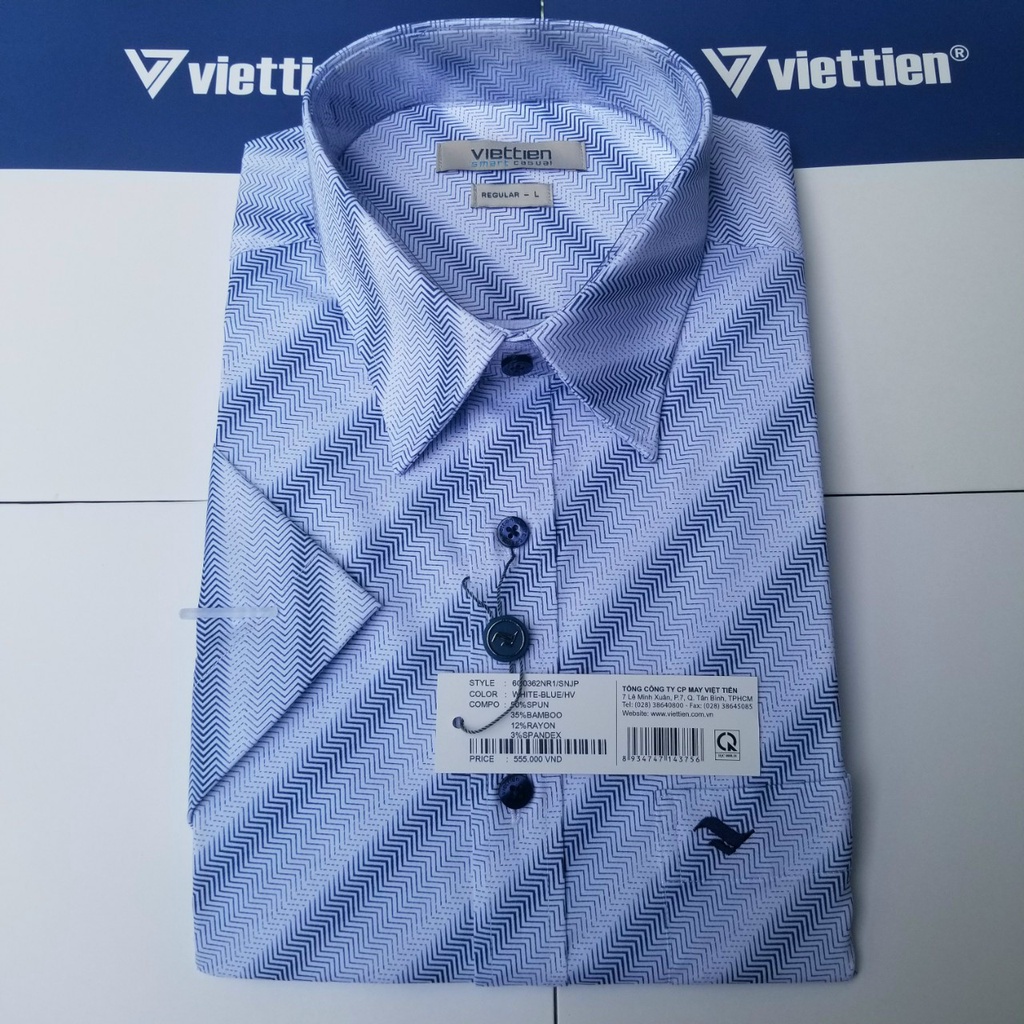 Aó sơ mi Việt Tiến smart casual ngắn tay ,tà ngang mã 6Q0362NR1 chính hãng ,cao cấp - form suông REGULAR -TÀ NGANG