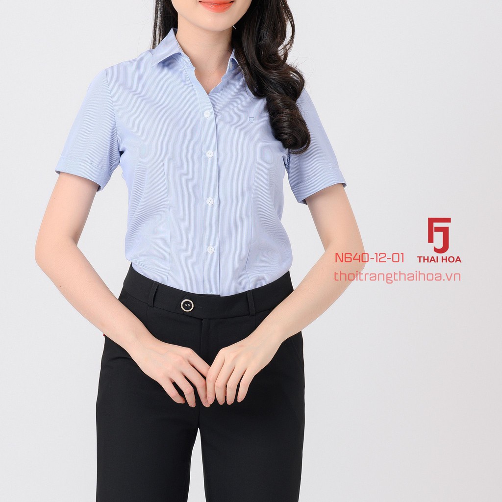 Áo sơ mi nữ caro kiểu sọc thẳng nhỏ màu xanh tay ngắn công sở cotton N640-12-01