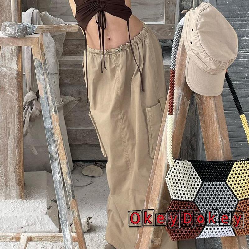 Chân Váy Kaki Lưng Thấp Có Túi Lớn Phối Dây Rút Phong Cách Cổ Điển Y2K Thời Trang Cho Nữ