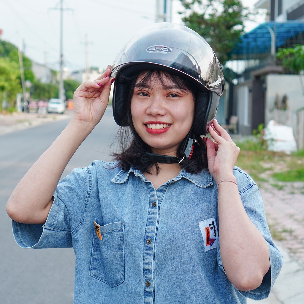 Mũ Bảo Hiểm 3/4 đầu GRO Helmet T818 có kính dài che cả mặt, kiểu dáng thời trang cho nữ, khóa kim loại - Xám Bóng