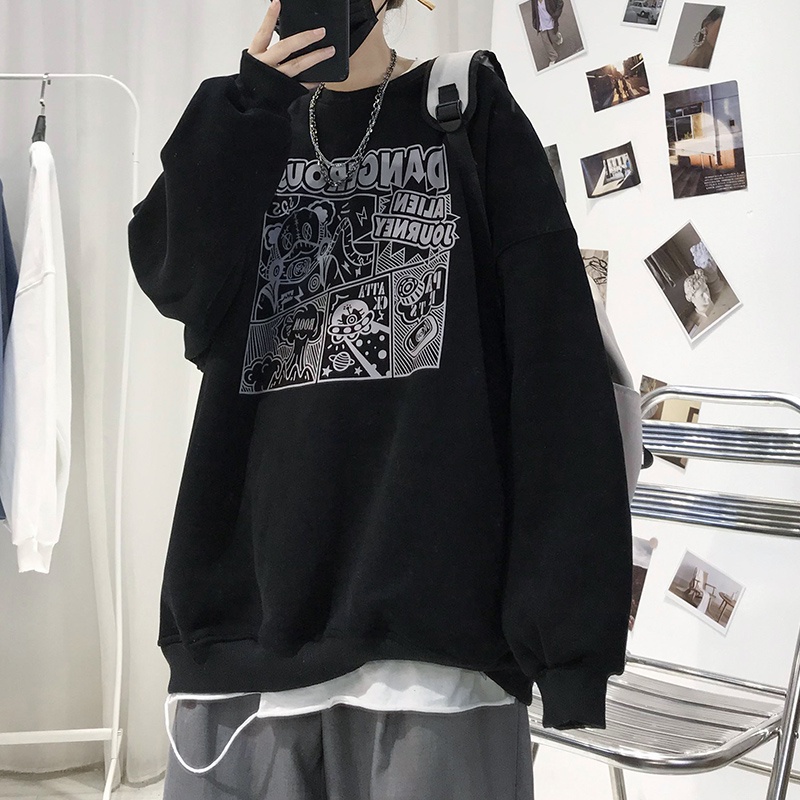 Áo sweater cổ tròn dáng rộng tay dài in họa tiết hoạt hình phong cách Hong Kong thời trang mùa thu 2021 cho nam
