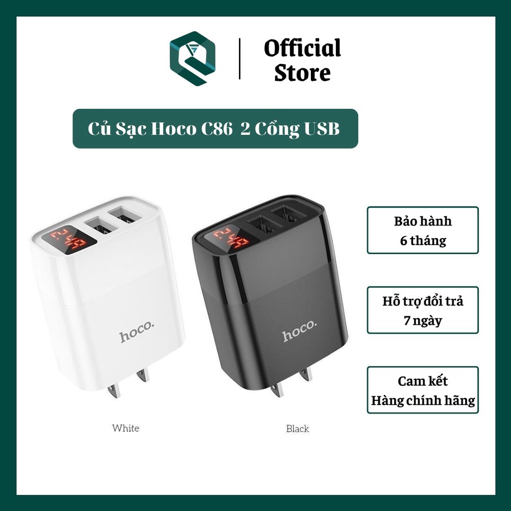 Củ Sạc Nhanh 2 Cổng USB Hoco C86 , Công Suất 12W, Thiết Kế Đèn LED Hiển Thị Điện Áp Dòng Ra.