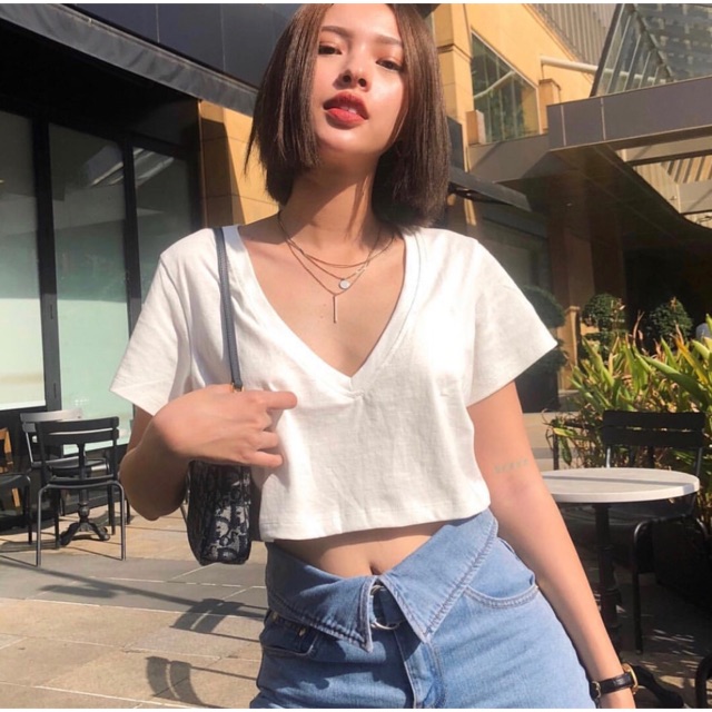 Áo Croptop cổ tim sâu dáng suông thụng form rộng basic - by SugarGalz