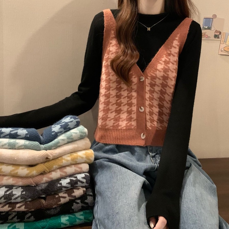 Áo Sweater Dệt Kim Không Tay Màu Sắc Tương Phản Phong Cách Hàn Quốc Cho Nữ