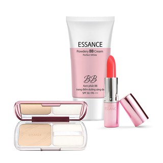 COMBO Essance Kem Phấn BB Trang Điểm Dưỡng Sáng Da + Son Dưỡng Ẩm Bền Màu 245 (3.5g) + Phấn Nền Siêu Mịn Lâu Trôi (11g)