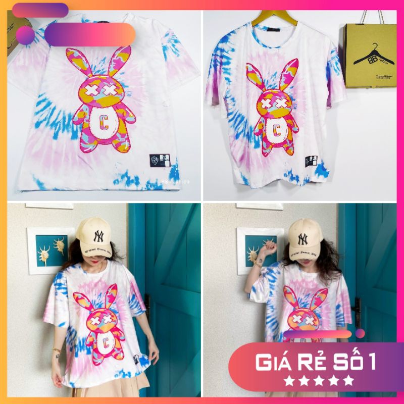 Áo thun tay lơ phom rộng loang màu unisex nam nữ,in hình 3D bab rabbit