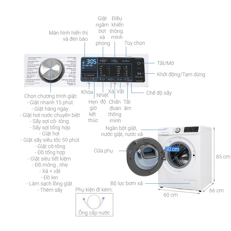 Máy giặt sấy Samsung AddWash Inverter 10.5 kg WD10N64FR2W/SV 2020,Giặt hơi nước Thêm đồ khi đang giặt, giao miễn phí HCM