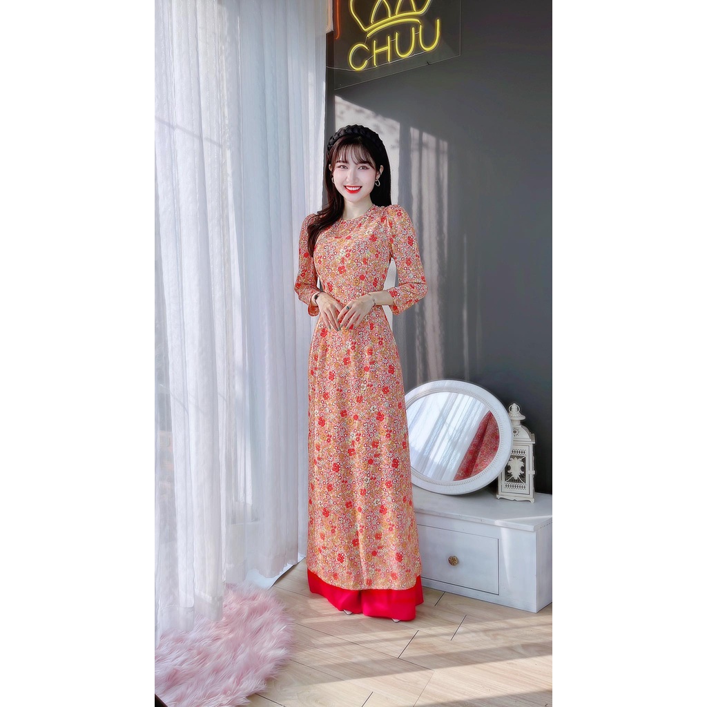 Áo dài nữ cách tân hoa nhí tay phồng không kèm quần CHUU AD8041