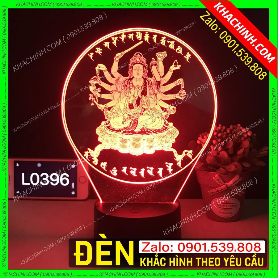 Đèn thờ Phật Quan Âm nghìn tay - khắc hình Phật Giáo theo yêu cầu - Mẫu L0396-B có Remote thay đổi 16 màu