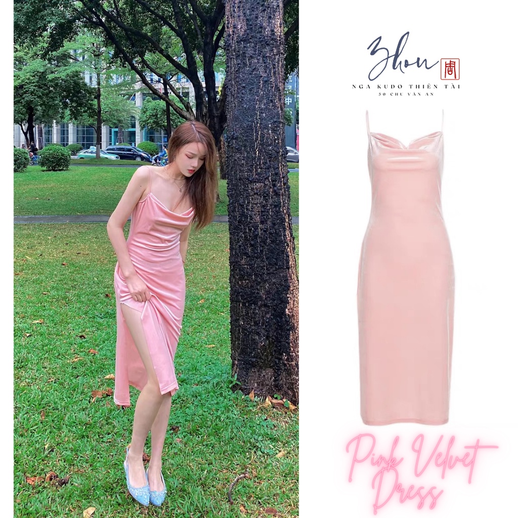 ZHOU Đầm Váy Hồng Hai Dây Nhung Body Xẻ Tà Dáng Dài