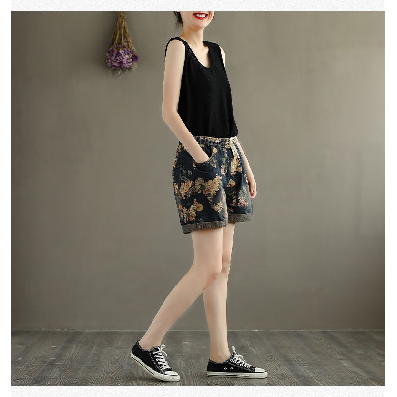 Quần Short Denim Nữ Ống Rộng Lưng Cao In Họa Tiết Mới