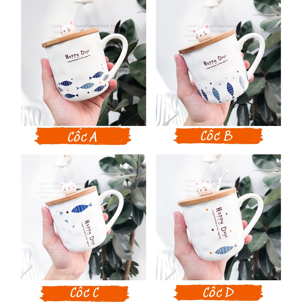 Ly sứ uống nước Happy Days dễ thương 400ml, cốc sứ có nắp đậy uống cafe kèm thìa