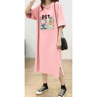 Đầm bầu thun cotton họa tiết ô vuông mèo hoạt hình xinh xắn Váy cổ tròn ngắn tay thoáng mát