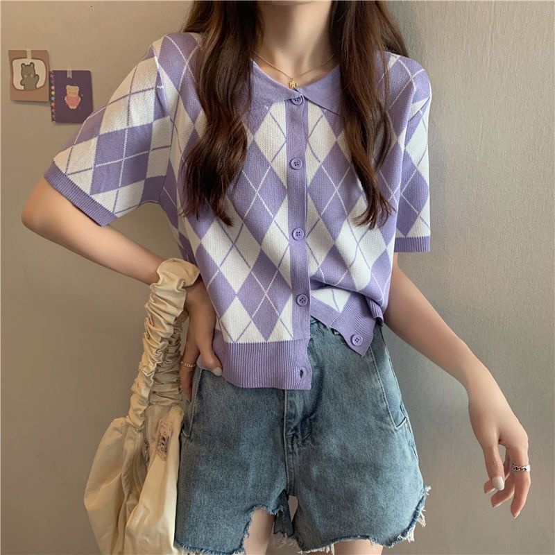 Áo Thun Dệt Kim Tay Ngắn Cổ Bẻ Đính Đá Phong Cách Retro