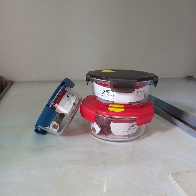 Hộp Đựng Thức Ăn Trong Tủ Lạnh Thủy Tinh Borosilicate Hình Tròn Nắp Khóa Chống Tràn G-Horse