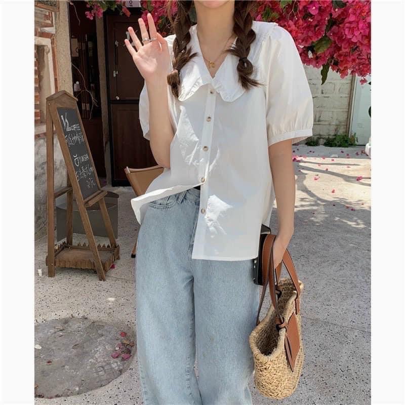 Áo sơ mi trắng ngắn tay cổ bèo tim cổ Hàn Quốc