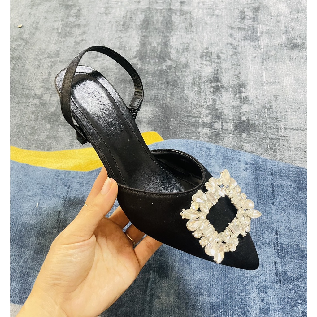 Sandal lụa mịn bít mũi nhọn nơ đá trắng vuông gót đũa nhỏ - 7P