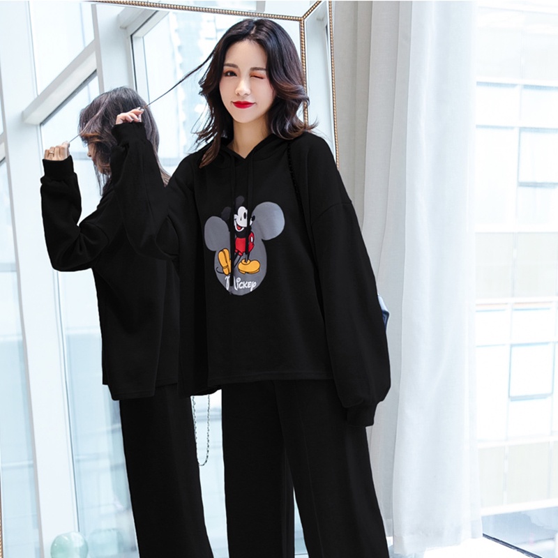 Set Bộ Nỉ Nữ Áo Hoodie Dài Tay In Hình Mickey Kèm Quần Ống Suông Thể Thao Thời Trang Sugal QA NU 027V3