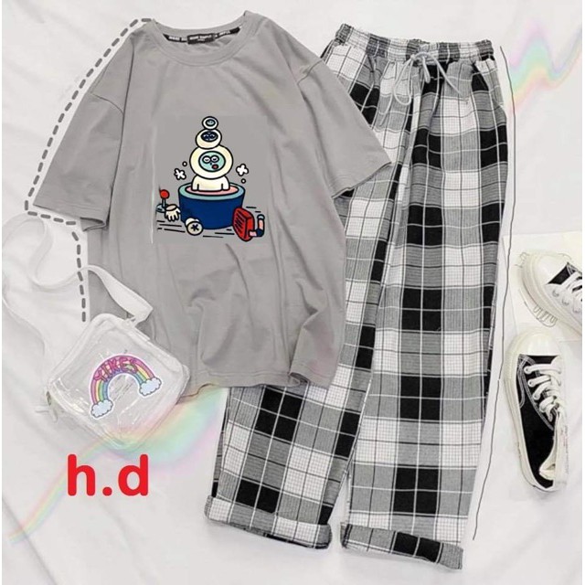 Sét Bộ Quần Áo Ulzzang Girl Style Nữ Ngắn Tay Mặc Đi Chơi, Áo Xám Cotton In 3D Chữ Summer Mix Quần Ống Rộng Kẻ