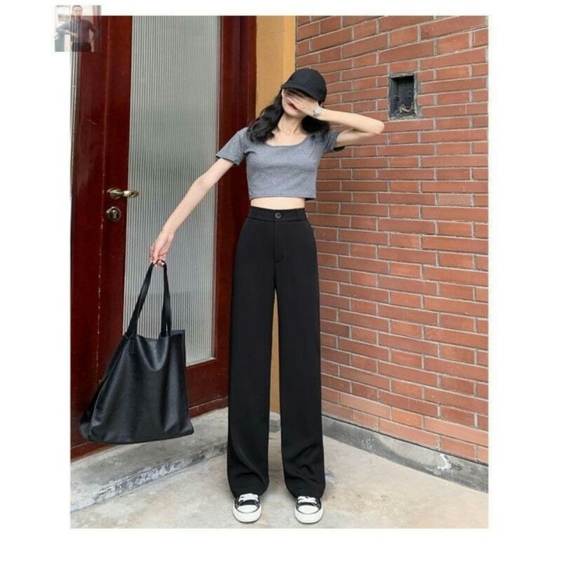 Quần ống rộng nữ lưng cao màu đen chất mềm mịn vải tuyết mưa trơn - Quần ống suông thể thao nữ mặc đi học sinh - công sở | BigBuy360 - bigbuy360.vn