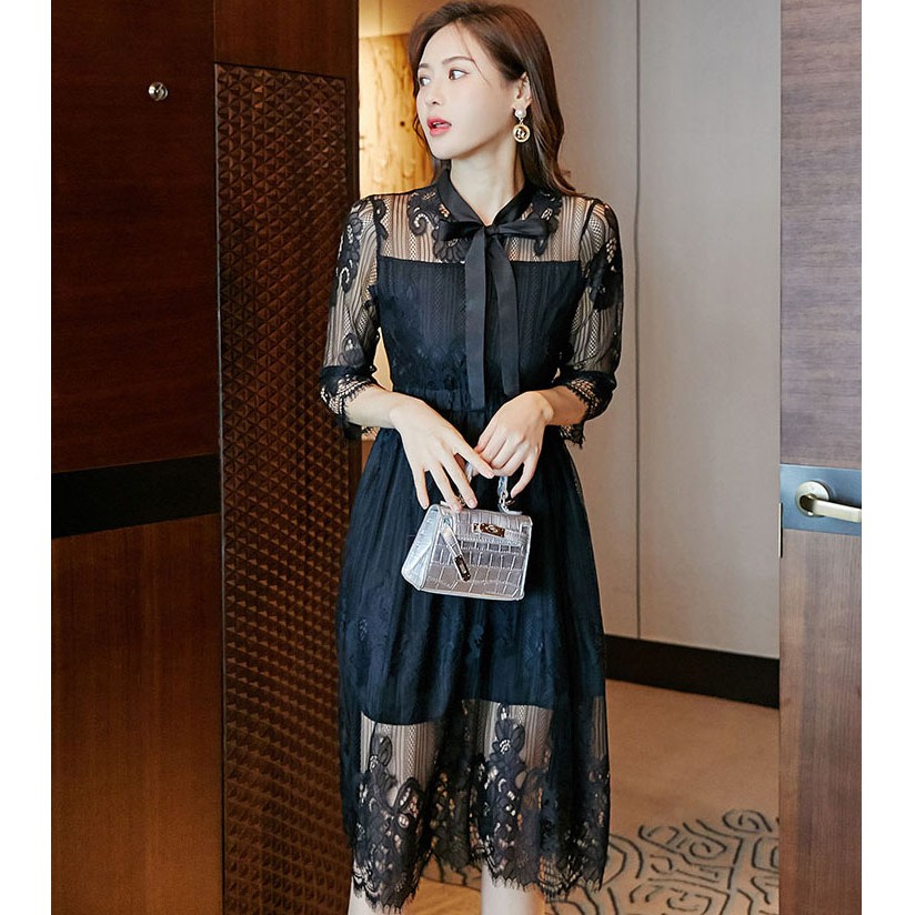 Đầm Ren Dáng Dài, Đầm Dáng Xòe Chữ A Họa Tiết Kèm Nơ Cổ Sang Trọng | BigBuy360 - bigbuy360.vn