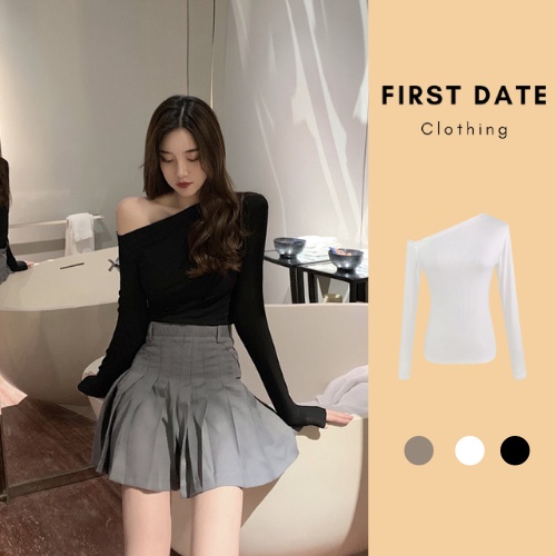 Áo thun dài tay trễ vai chéo thu đông FIRST DATE phong cách Hàn Quốc bó sát sexy body