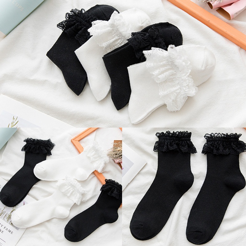 Tất cotton phối ren lưới phong cách lolita nhật bản dễ thương cho nữ