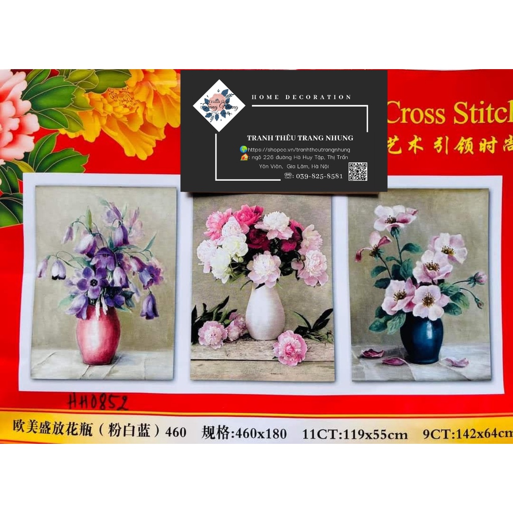 Tranh thêu chữ thập Bộ bình hoa 3 bức HH0852 116x58cm