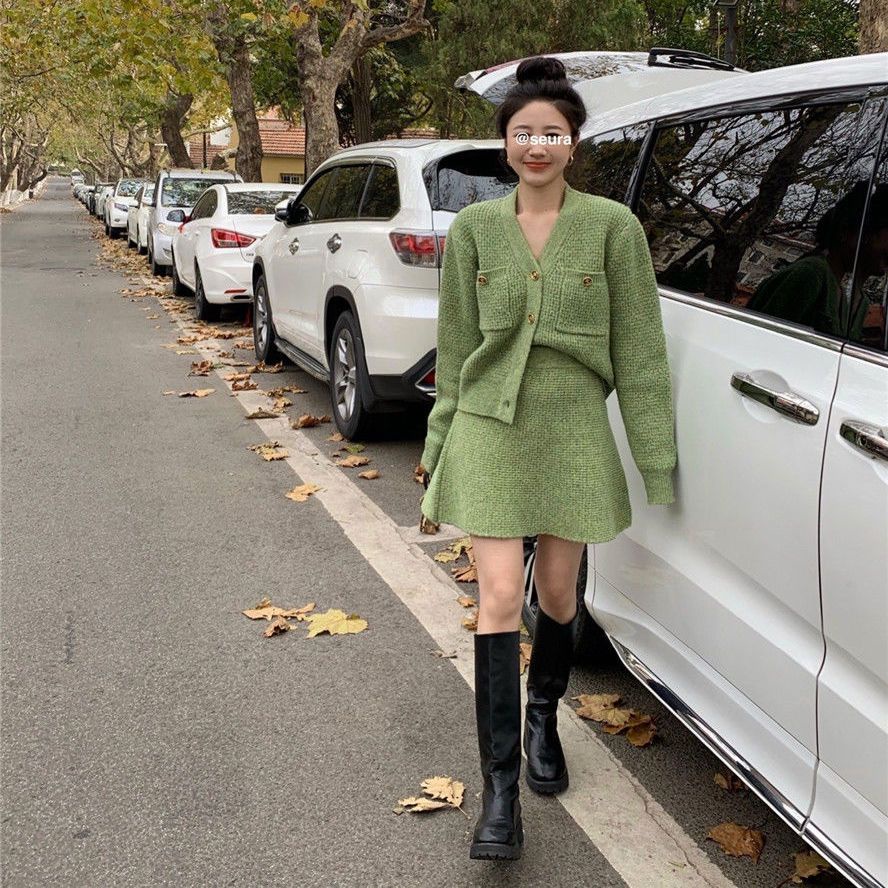 Bộ Áo Khoác cardigan + Chân Váy Lưng Cao Thời Trang Nữ Tính