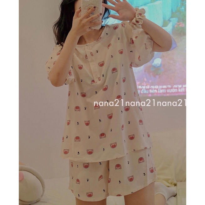 Bộ ngủ đũi xốp nhiều hình cute kèm chun buộc tóc Pea Store -Pyjama đũi xốp nhiều hình kèm chun