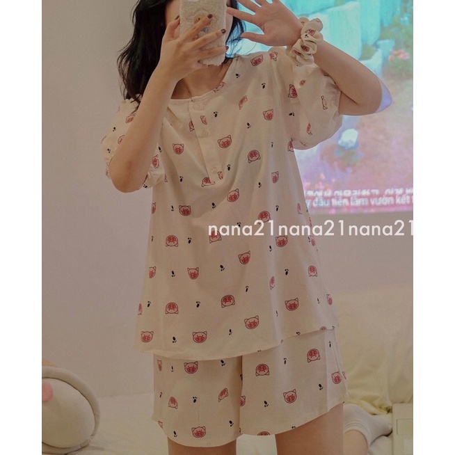 Bộ ngủ đũi xốp nhiều hình cute kèm chun buộc tóc Pea Store -Pyjama đũi xốp nhiều hình kèm chun (Ảnh thật/Sẵn)