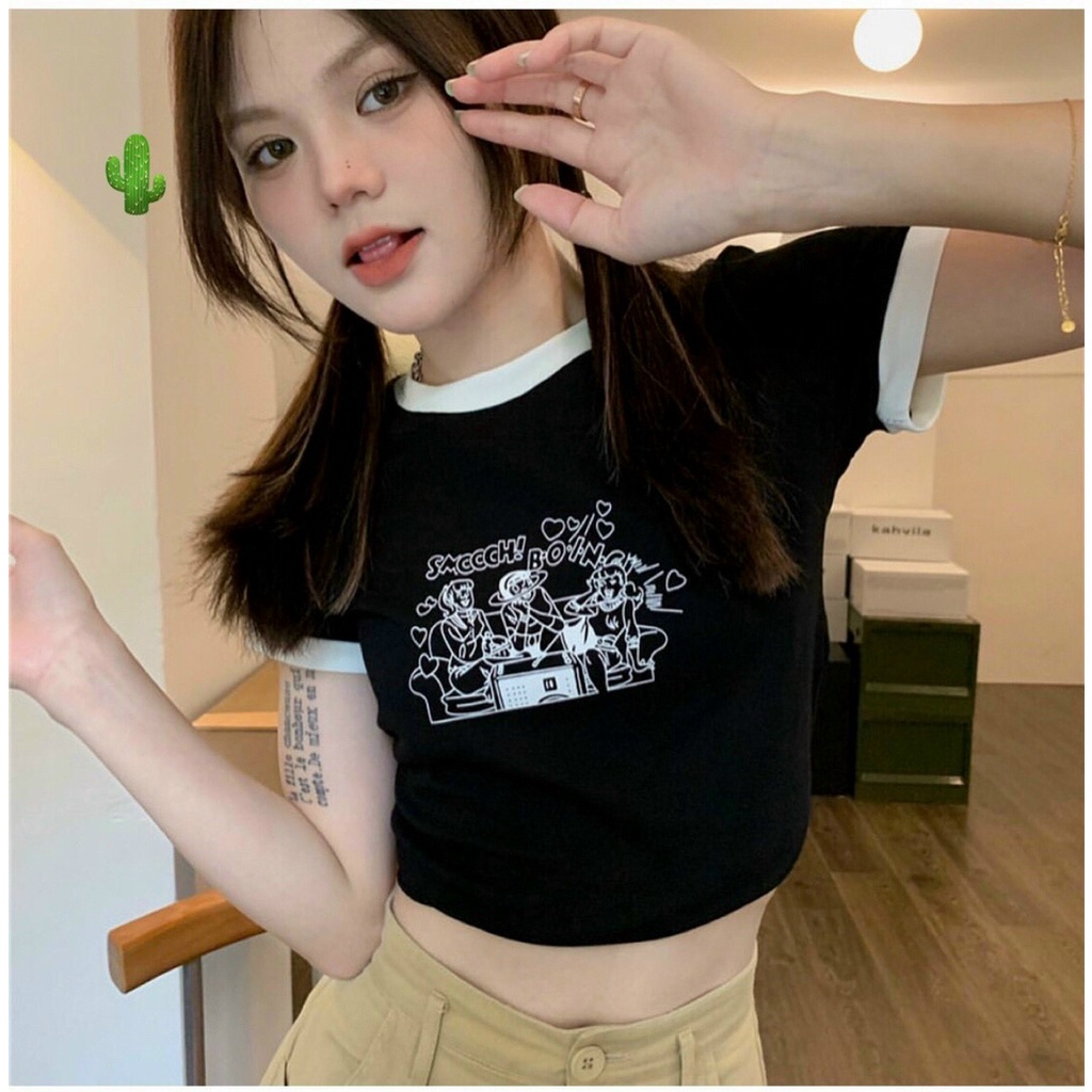 Áo thun Croptop PC Viền Nổi Phối kí Tự