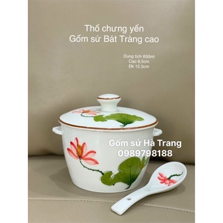 Bộ thố chưng yến gốm sứ Bát Tràng cao cấp dung tích 650ml vẽ hoạ tiết sen đỏ