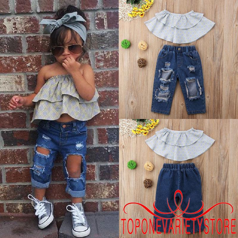 Set áo trễ vai + Quần jeans cho bé gái