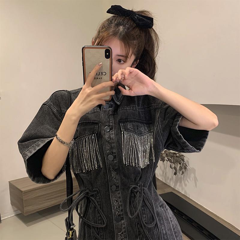 French style black denim skirt tasted waist a word polo dress summer 2022 new style