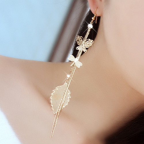 Bông tai dài đính đá họa tiết bướm/lá/chuồn chuồn sang trọng dành cho nữ