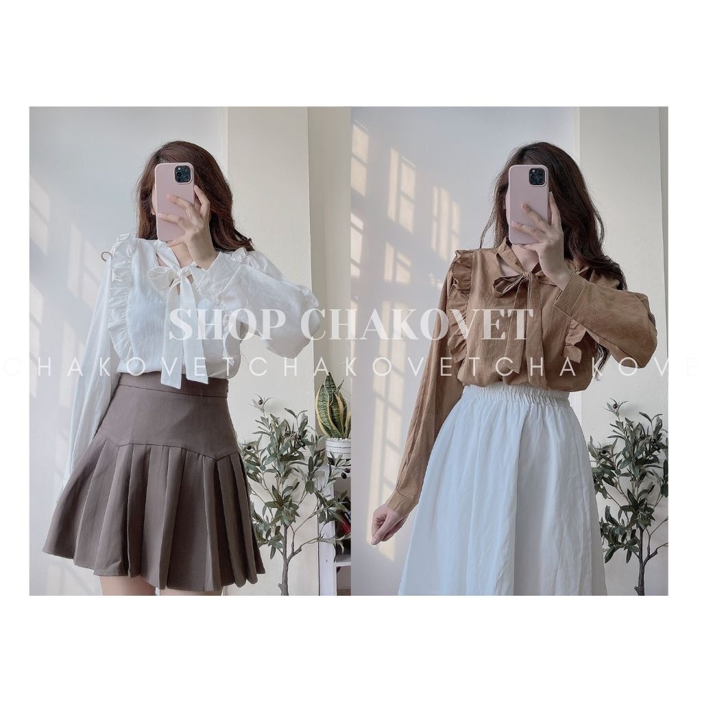 Áo sơ mi nữ dài tay trơn basic CKA891, kiểu áo nữ cổ V dáng babydoll bèo ngực thắt nơ phong cách thời trang hàn quốc