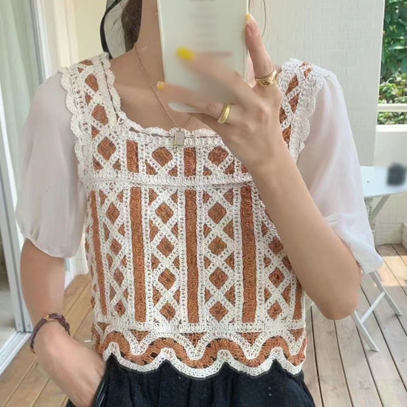 Brroa Áo Croptop Dệt Kim Chiffon Tay Lửng Cổ Vuông Phối Màu Tương Phản Kiểu Pháp Cho Nữ