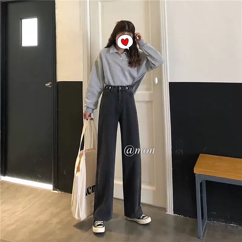 191209 Quần jeans nữ ống rộng dáng suông basic ulzzang - quần bò nữ màu xám tro có size