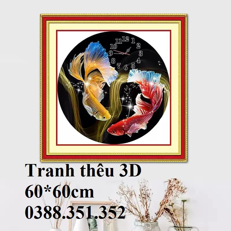 Tranh thêu chữ thập đồng hồ cá koi 60*60cm
