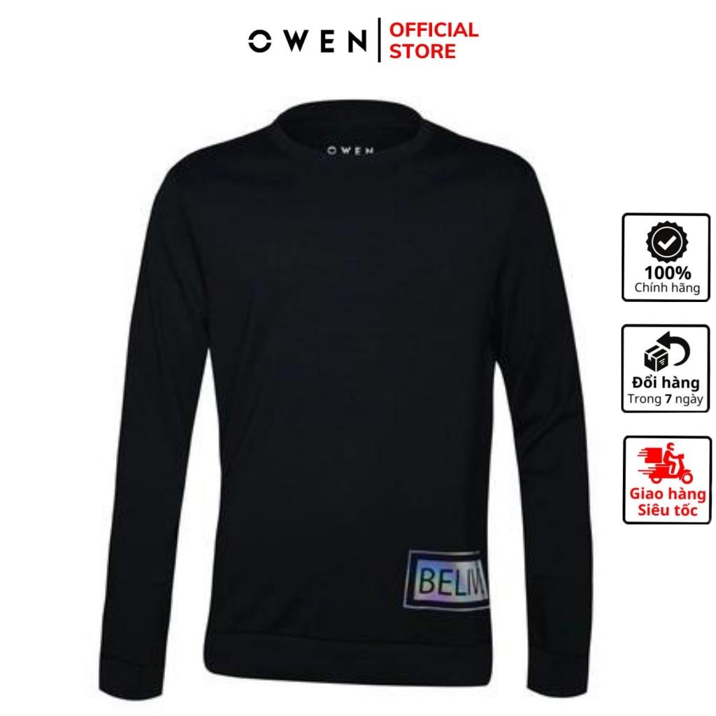 Áo thun nam dài tay OWEN HD23287 thu đông Màu Đen Trơn Vải Sợi Viscose dáng Regular Fit cổ tròn