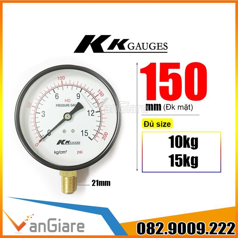 [Mặt to] Đồng hồ đo áp suất hơi KK gauge 150mm 10kg 15kg