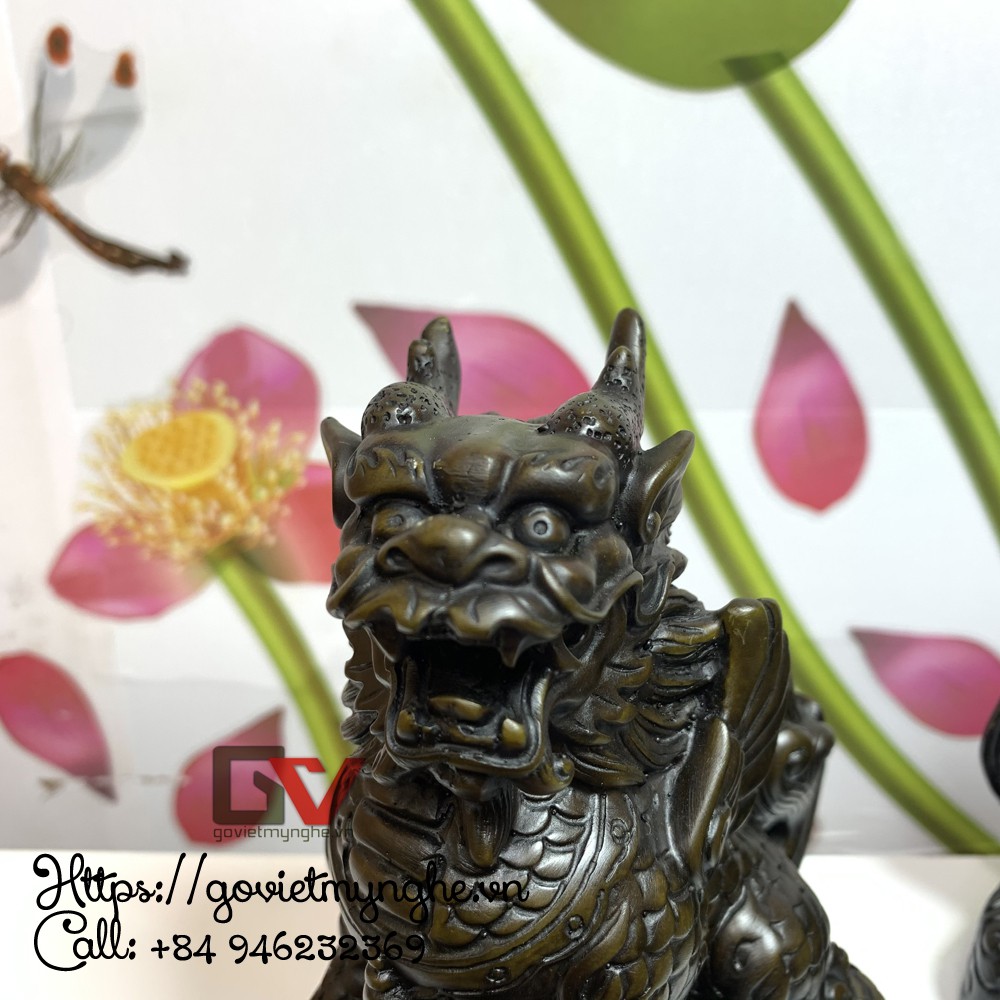 Cặp 2 tượng đá trang trí Tỳ hưu phong thủy - 2 sừng - Chiều cao 14cm - Màu Nâu Đen